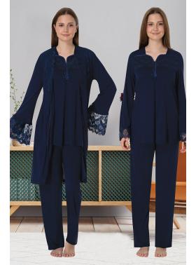 Effortt 4084 Lacivert Dantelli Sabahlıklı Lohusa Pijama Takımı